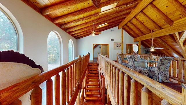 corridor with wood ceiling, dark hardwood / wood-style floors, beam ceiling, high vaulted ceiling, and a skylight