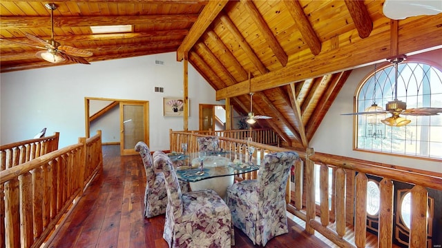 dining area featuring lofted ceiling with beams, wooden ceiling, and dark hardwood / wood-style flooring