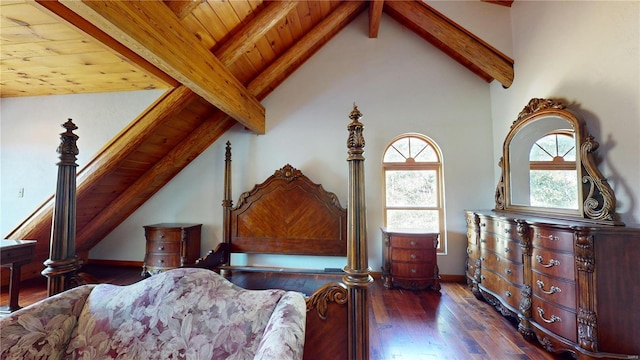 bedroom featuring wood ceiling, vaulted ceiling with beams, and dark hardwood / wood-style floors