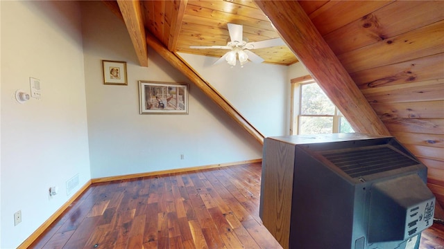 bonus room featuring wood ceiling, lofted ceiling with beams, dark hardwood / wood-style floors, and ceiling fan