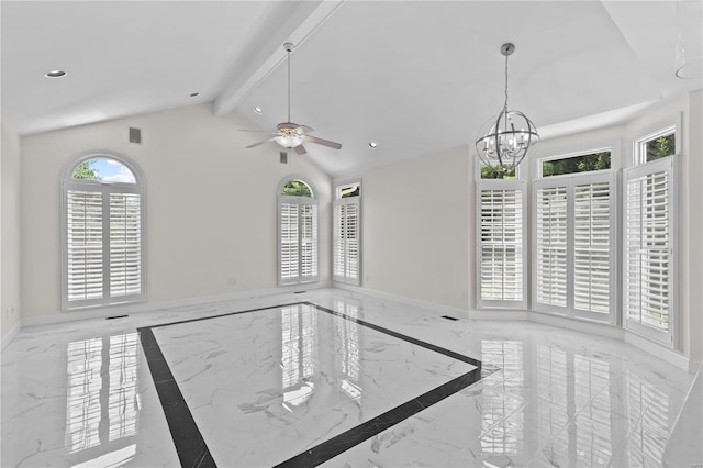 interior space with vaulted ceiling with beams and ceiling fan with notable chandelier