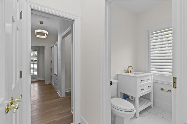 bathroom featuring plenty of natural light, toilet, hardwood / wood-style flooring, and vanity