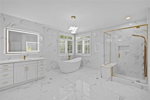 bathroom with tile walls, tile patterned flooring, separate shower and tub, and vanity