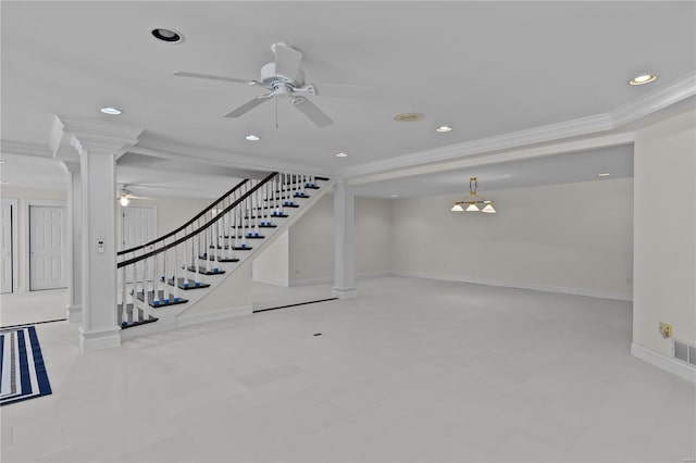 basement with ceiling fan, tile patterned floors, and crown molding