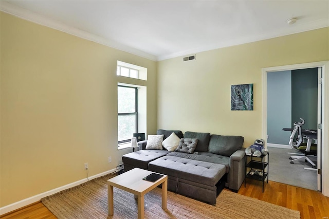 living room featuring light wood-type flooring and ornamental molding