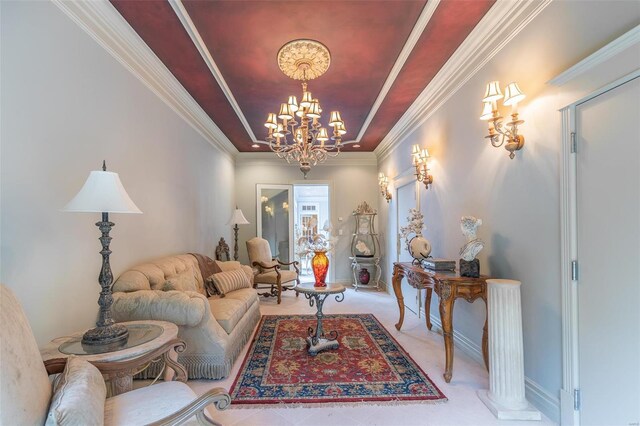 carpeted living room featuring a notable chandelier and crown molding