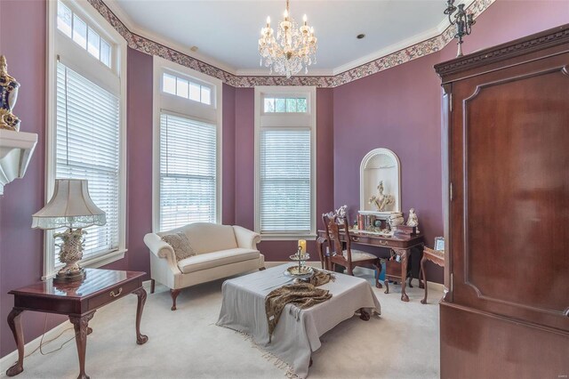 sitting room featuring carpet floors, an inviting chandelier, and crown molding