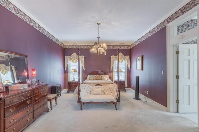 carpeted bedroom featuring an inviting chandelier and crown molding