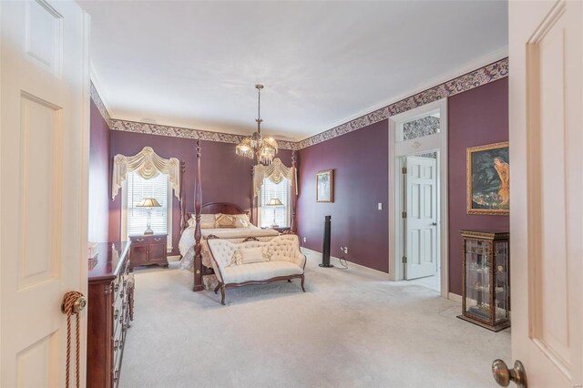 carpeted bedroom with a notable chandelier and ornamental molding