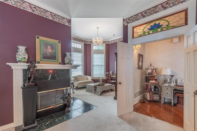 interior space with crown molding, dark hardwood / wood-style flooring, and a chandelier