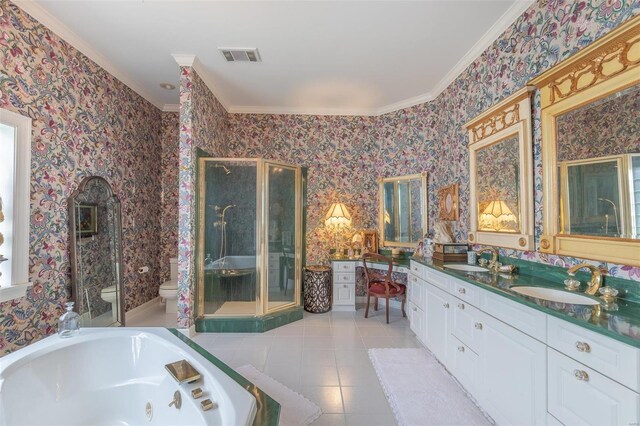 full bathroom with plus walk in shower, toilet, vanity, and tile patterned floors