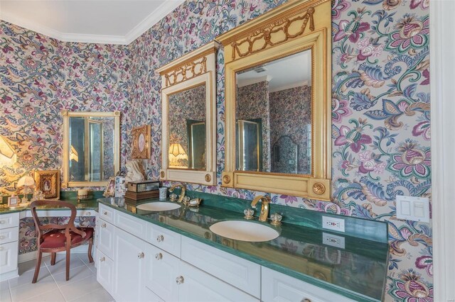 bathroom with ornamental molding, an enclosed shower, tile patterned floors, and vanity