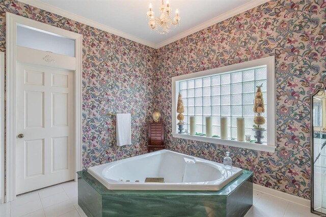 bathroom with a relaxing tiled tub, ornamental molding, tile patterned floors, and a chandelier