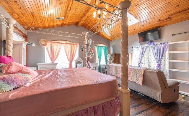 bedroom with wood ceiling, lofted ceiling, hardwood / wood-style floors, and multiple windows