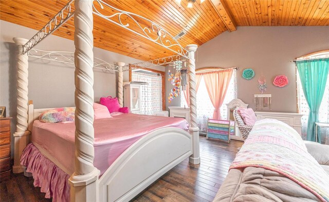 bedroom with wooden ceiling, vaulted ceiling with beams, dark wood-type flooring, and multiple windows