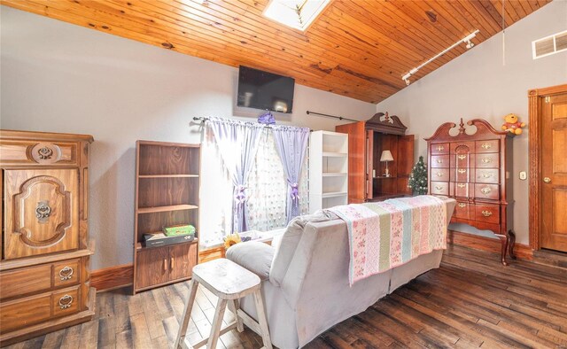 living room featuring lofted ceiling with skylight, wood ceiling, and dark hardwood / wood-style flooring