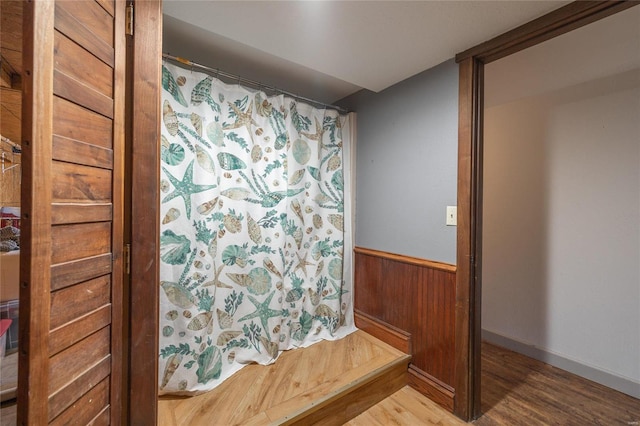 bathroom with wood-type flooring