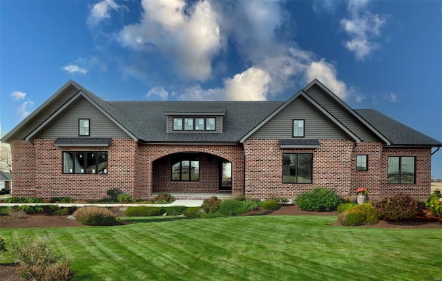 view of front of home featuring covered porch, brick siding, a front lawn, and roof with shingles