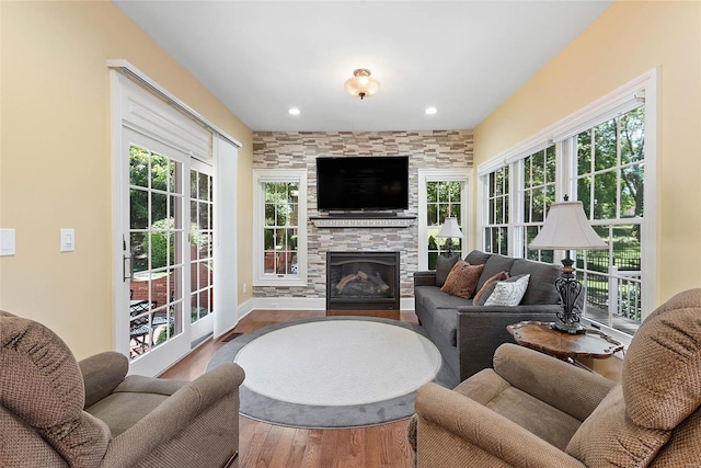 living room featuring hardwood / wood-style floors, a stone fireplace, and a healthy amount of sunlight