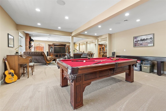 game room with billiards and light colored carpet