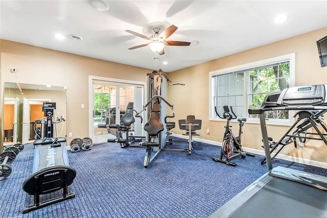 workout room with ceiling fan and a wealth of natural light