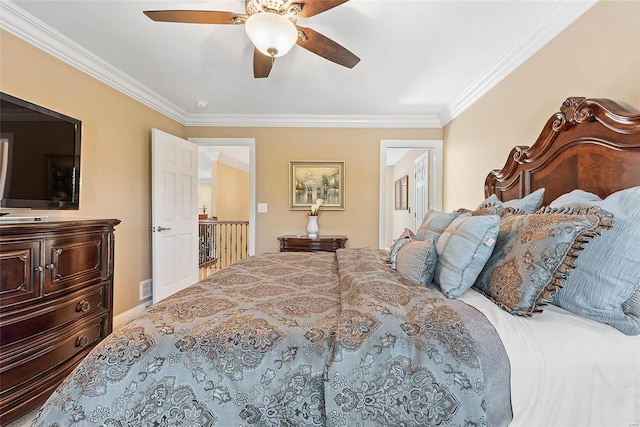 bedroom featuring ceiling fan and ornamental molding