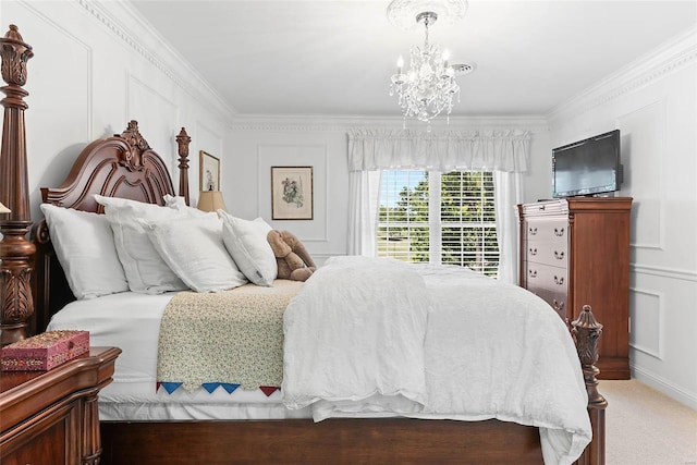 carpeted bedroom with ornamental molding and a notable chandelier