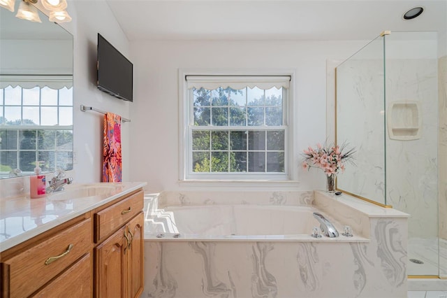 bathroom with vanity, a garden tub, and a healthy amount of sunlight