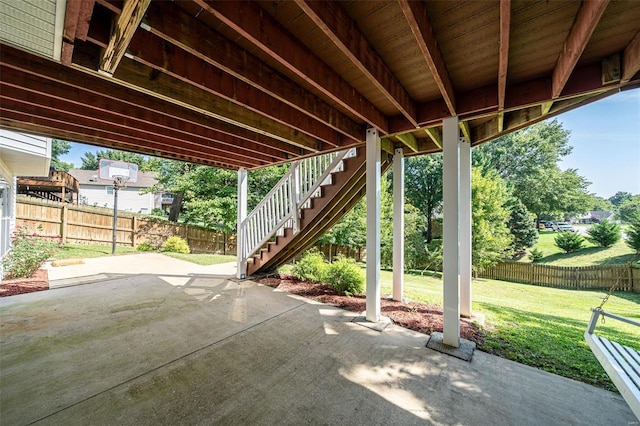 view of patio with a fenced backyard and stairs