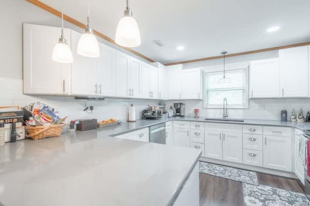 kitchen with stainless steel dishwasher, dark wood-type flooring, hanging light fixtures, white cabinets, and sink