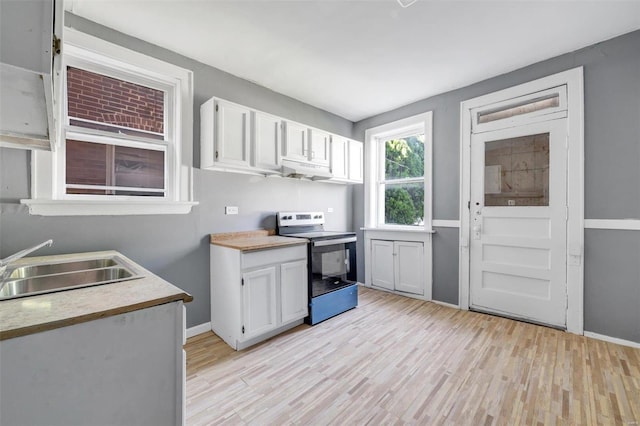 kitchen featuring white cabinetry, light hardwood / wood-style floors, and electric range