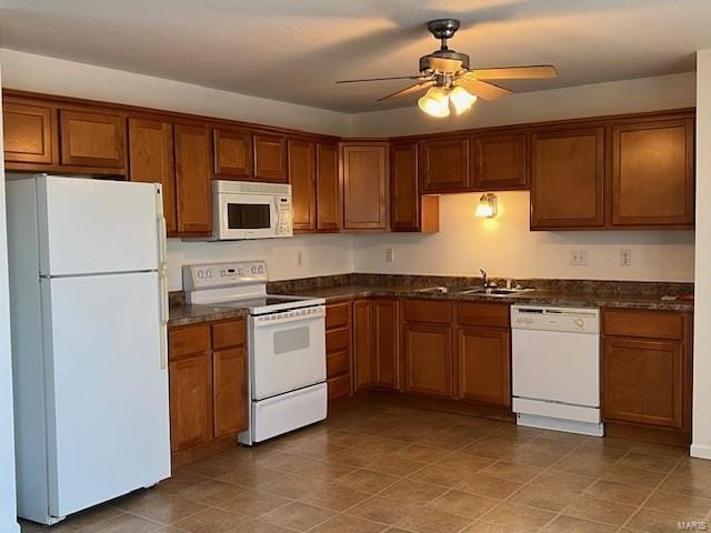 kitchen with ceiling fan, sink, light tile patterned flooring, and white appliances