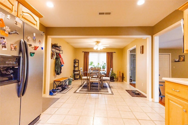 dining space featuring visible vents, a ceiling fan, recessed lighting, light tile patterned flooring, and baseboards