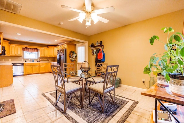 dining area featuring visible vents, a ceiling fan, recessed lighting, light tile patterned floors, and baseboards