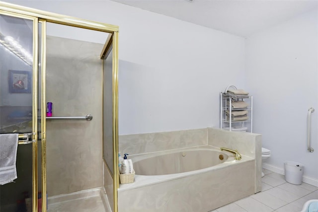 bathroom featuring tile patterned floors, toilet, and plus walk in shower