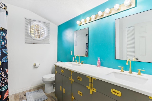 bathroom with toilet, vanity, lofted ceiling, and wood-type flooring