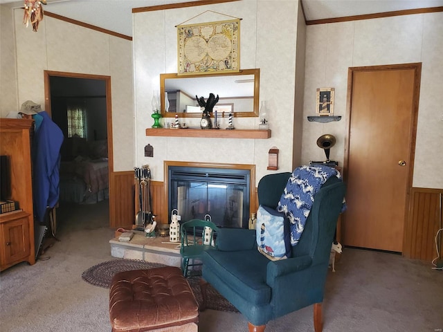 carpeted living room featuring crown molding and wooden walls