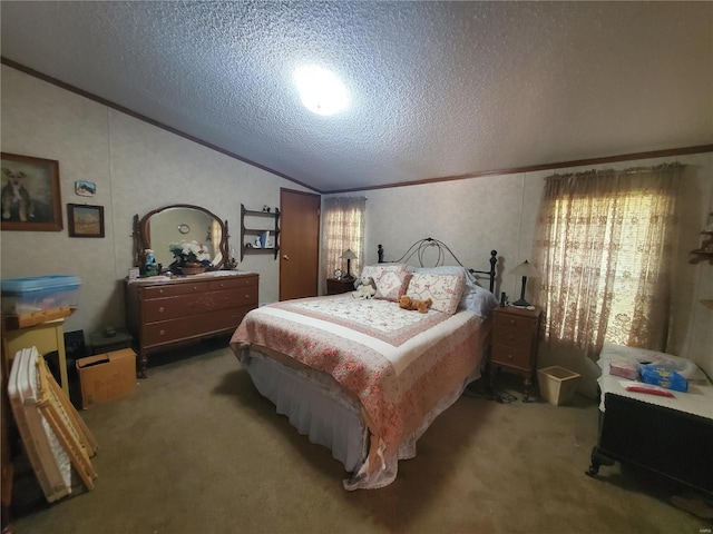 bedroom featuring a textured ceiling, vaulted ceiling, ornamental molding, and carpet floors