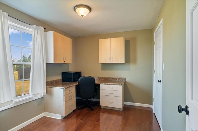 unfurnished office featuring dark hardwood / wood-style floors and built in desk