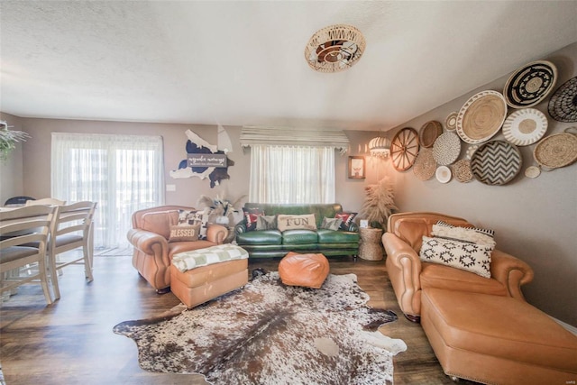 living room featuring a textured ceiling, dark wood-type flooring, and a wealth of natural light