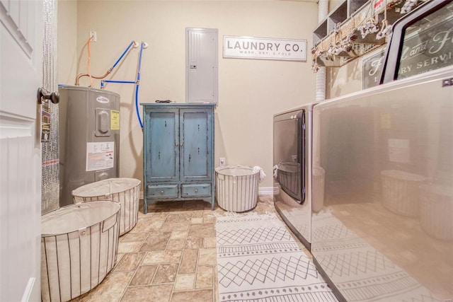 interior space featuring independent washer and dryer, electric panel, and water heater