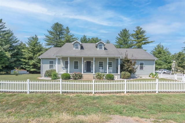 cape cod-style house with covered porch and a front lawn