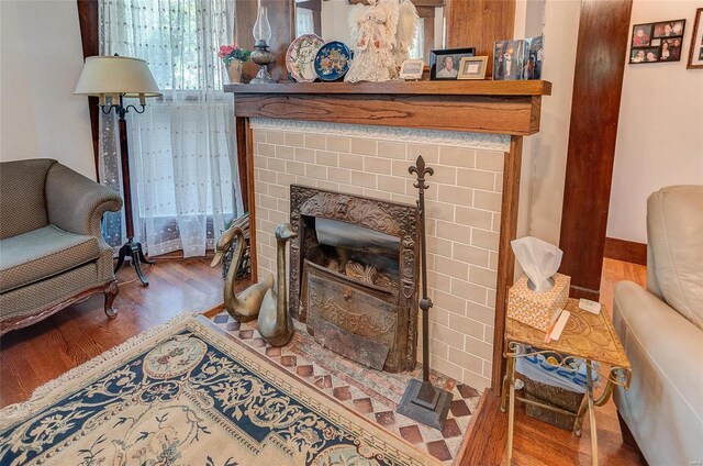 living room featuring a fireplace and hardwood / wood-style floors