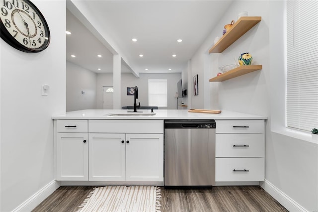 kitchen with white cabinetry, sink, stainless steel dishwasher, and dark hardwood / wood-style floors