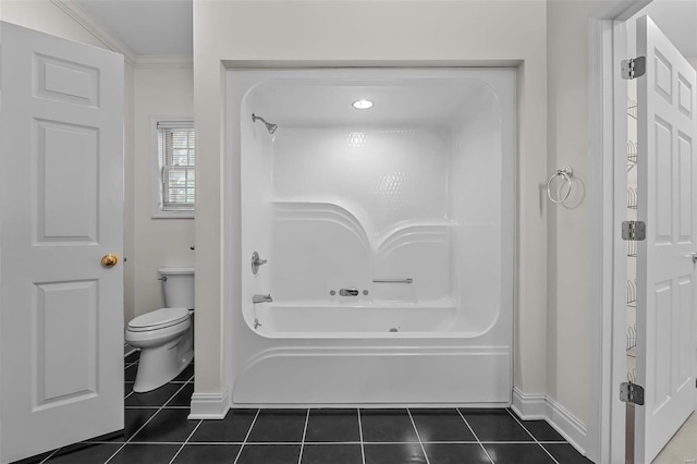 bathroom with tile patterned flooring, separate shower and tub, toilet, and ornamental molding