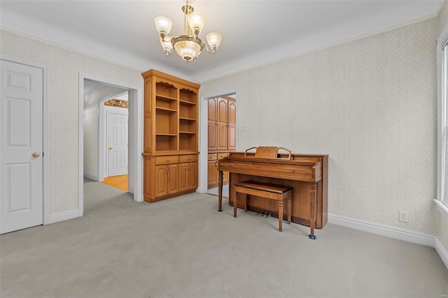 miscellaneous room with a chandelier, light colored carpet, and ornamental molding