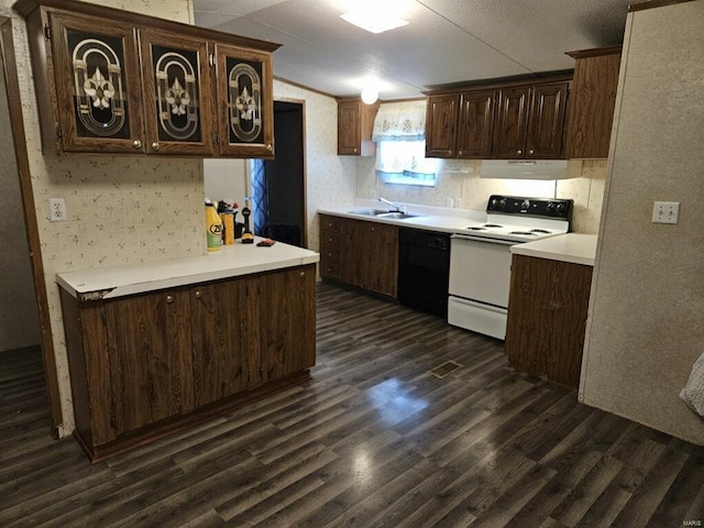 kitchen with white electric range, black dishwasher, and dark wood-type flooring