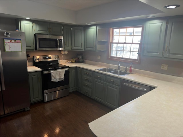 kitchen featuring dark wood-type flooring, stainless steel appliances, and sink