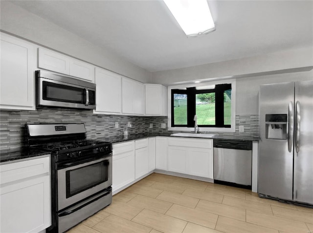 kitchen with white cabinets, backsplash, stainless steel appliances, and sink