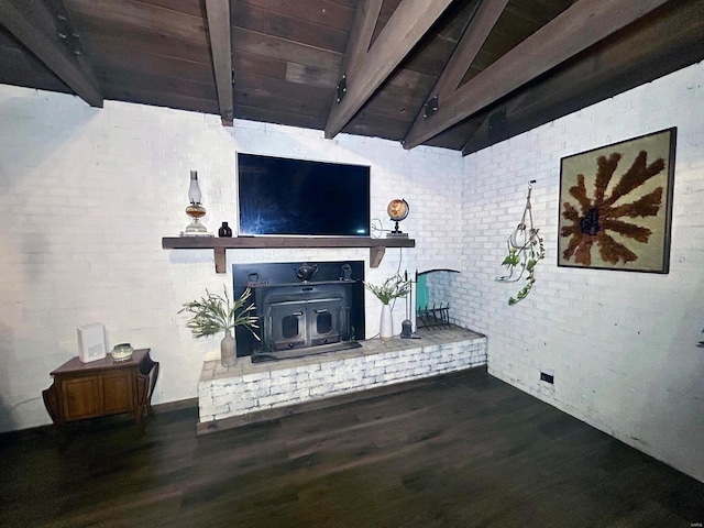 living room featuring vaulted ceiling with beams, brick wall, wood ceiling, and dark hardwood / wood-style flooring